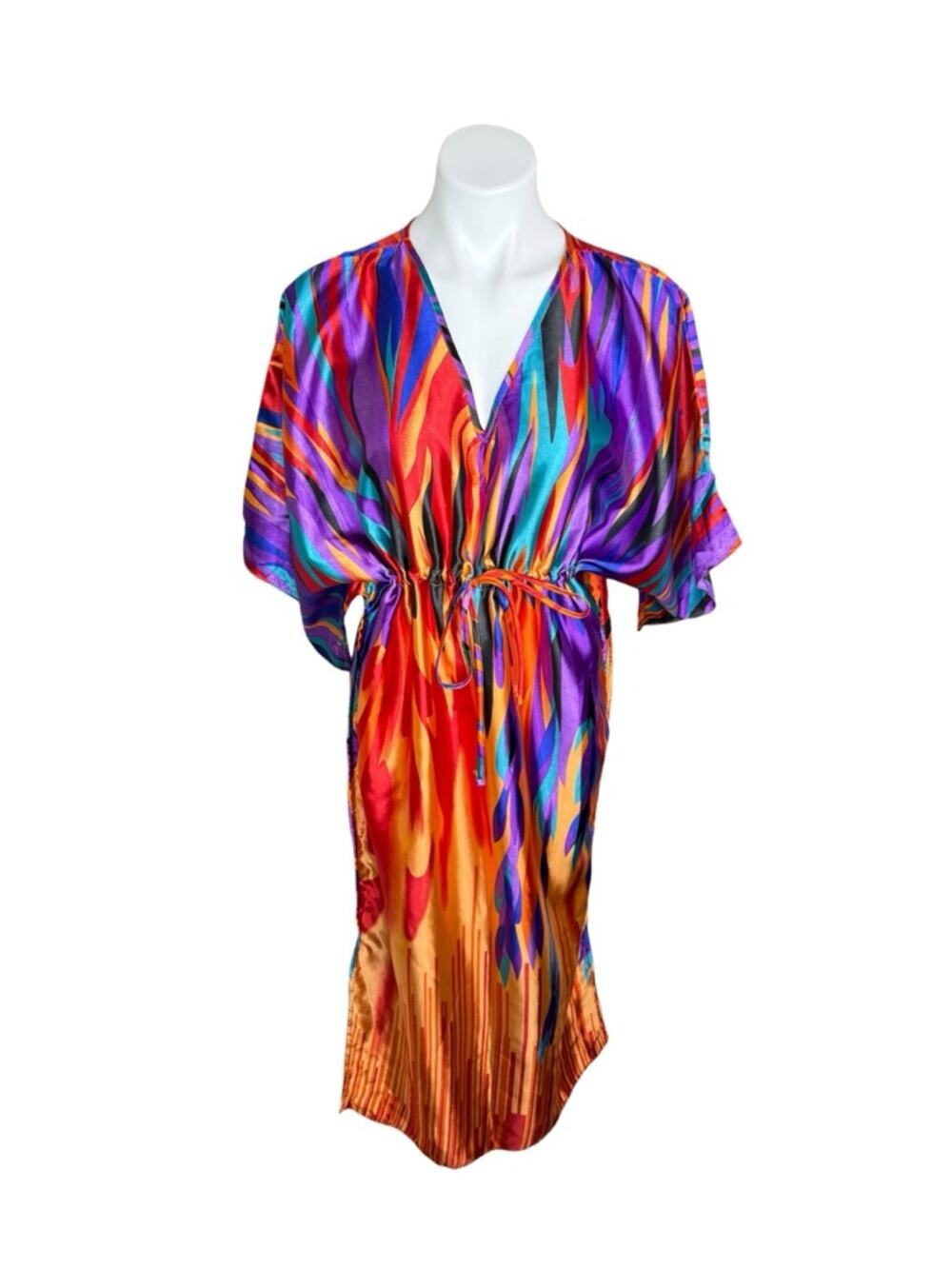 Vibrant Multi-Color Satin Wrap Dress with Tie Waist